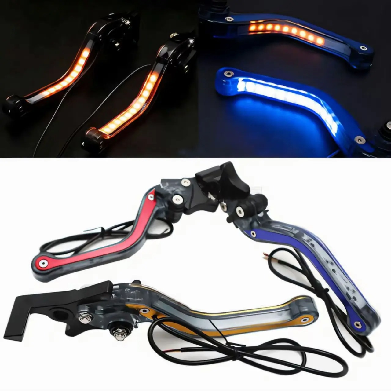 Motorcycle Gear Lever Extender - 1ペアユニバーサルオートバイ改造クラッチレバーブレーキレバー6段階調整可能LED信号灯付きダブルディスクブレーキ用